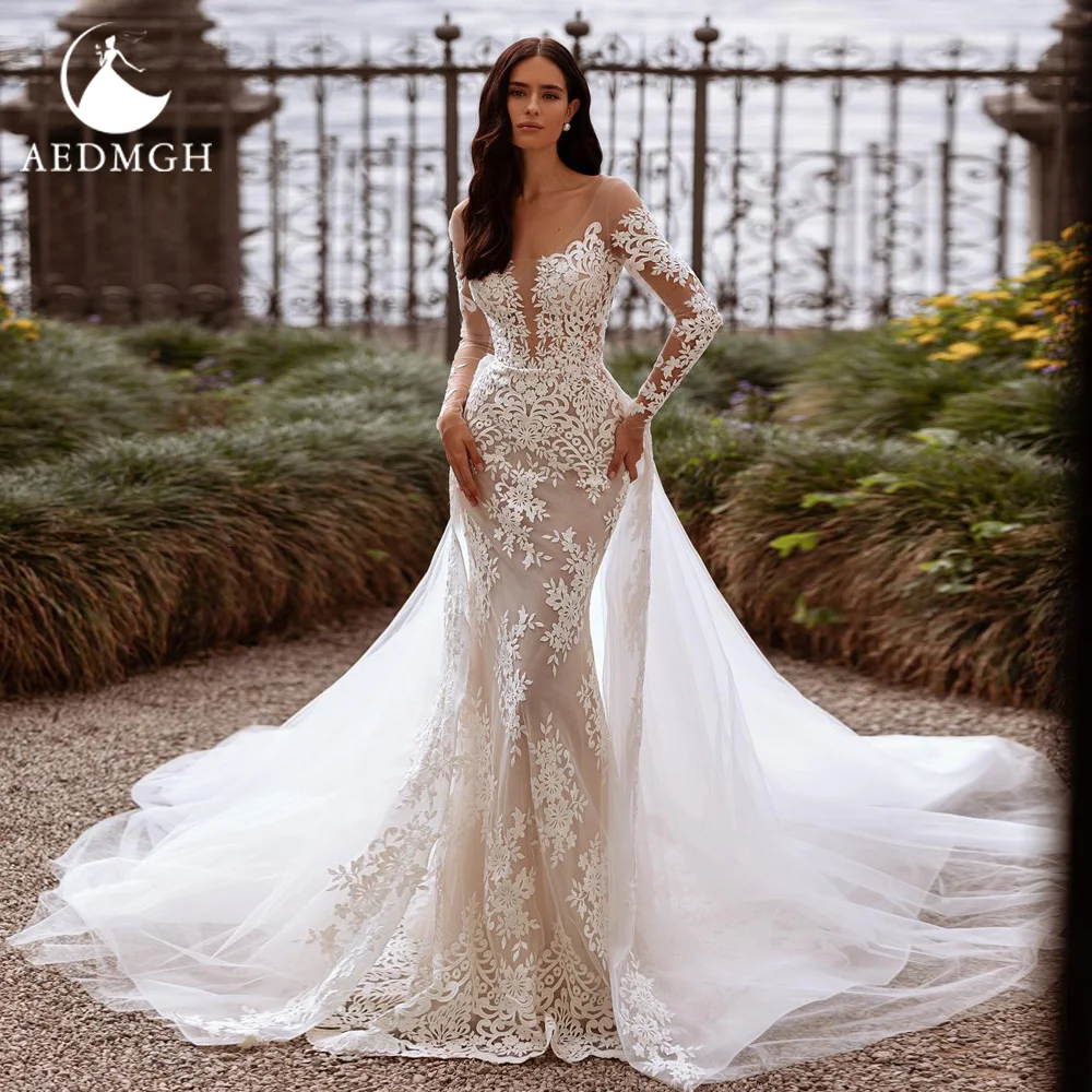 

Aedmgh Mermaid Elegant Wedding Dresses 2024 O-Neck Long Sleeve Vestido De Novia Appliques Detachable Train Sexy Robe De Mariee