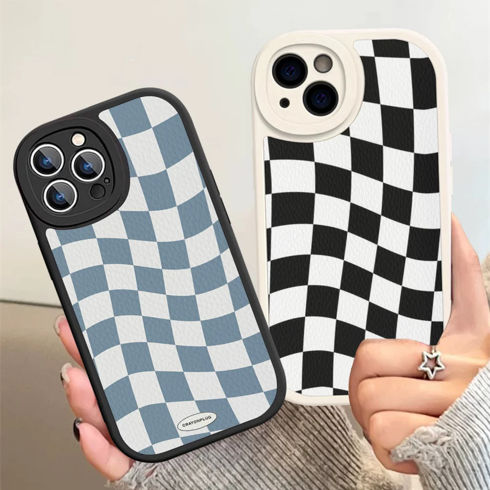 

Retro Wavy Checkered Phone Case Hard Leather For IPhone 16 15 14 13 12 Mini 11 14 Pro Max Xs X Xr 7 8 Plus Fundas