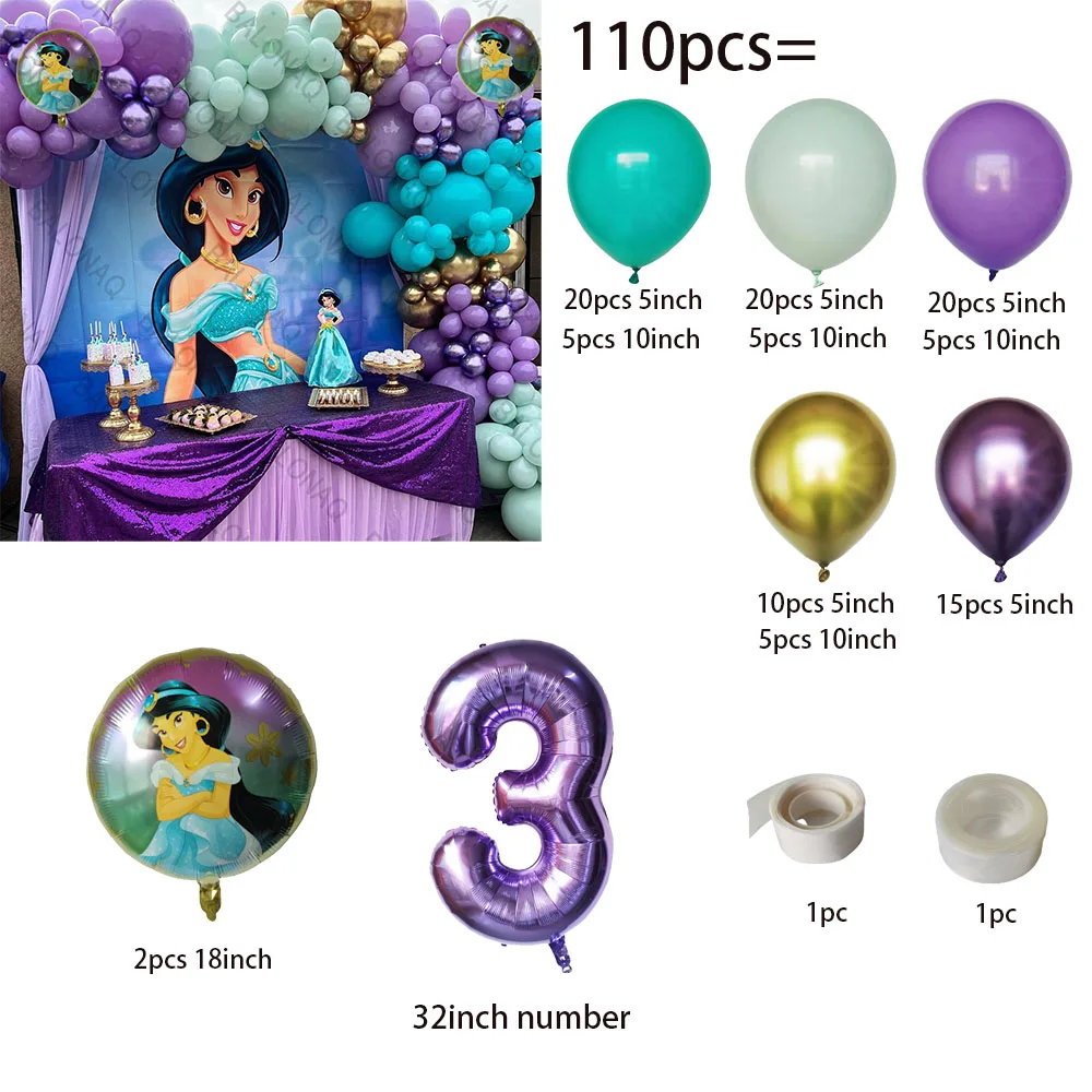 Disney Aladdin Jasmine Girl Birthday Party Foil Balloons Decoration Supplies Princess Jasmine Flags Cake Toppers Gift Kid Toys