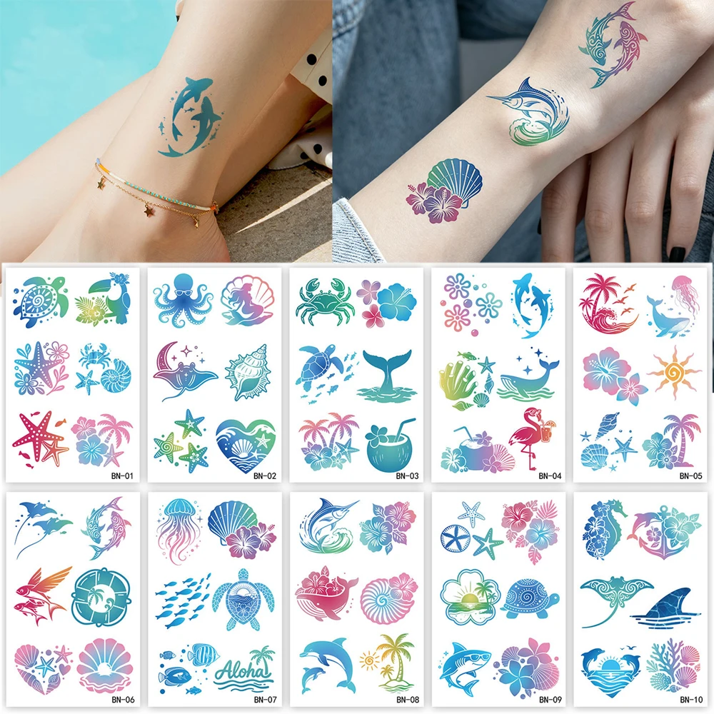 10 Sheets Waterproof Hawaiian Luau Party Favors Tattoo Stickers Tropical Beach Theme Temporary Tattoos For Women Body Art