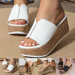 Zapatillas De cuña, zapatos De verano para Mujer, zapatos De playa De cuero con punta abierta, zapatillas con plataforma, Sandalias planas para Mujer, Verano 2024