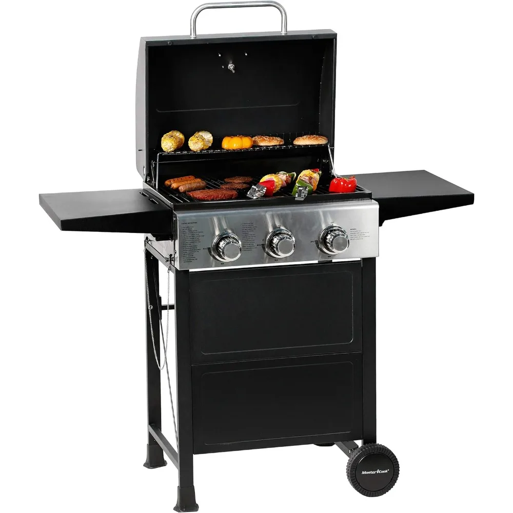 3 Burner BBQ Propane Gas Grill, Stainless Steel 30,000 BTU Patio Garden Barbecue Grill with Two Foldable Shelves