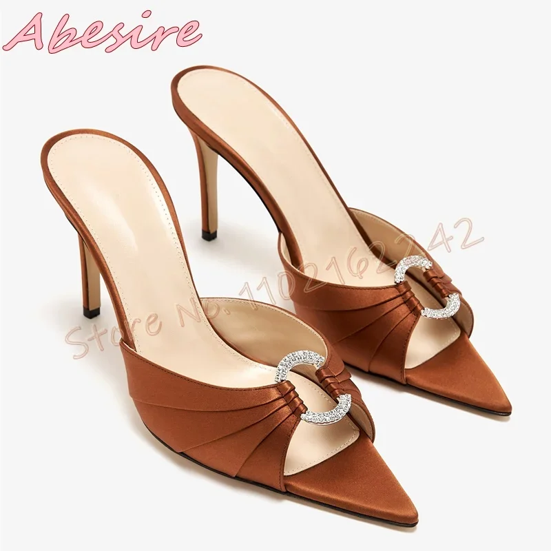 

Retro Satin Pleated Slippers Pointed Rhinestone Stiletto Sandals Sexy Nightclub Party High Heels Fashionable Dinner Slippers 46