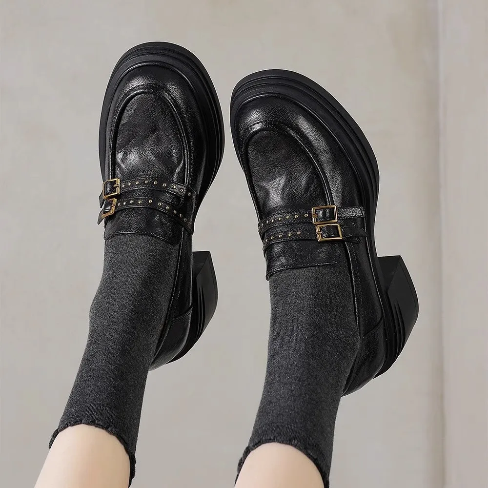 

Women Leather Buckle with High-heeled Loafers Shoes Outdoor Thick Soled Casual Coarse Soled Women Shoes Comfortable Flat Shoes