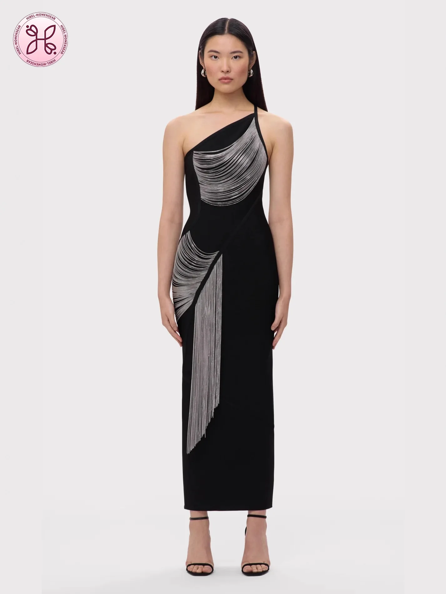 

2025 One-Shoulder Bandage Gown - Fringe Detail Bodycon Maxi (Women's High Street Party Dress)