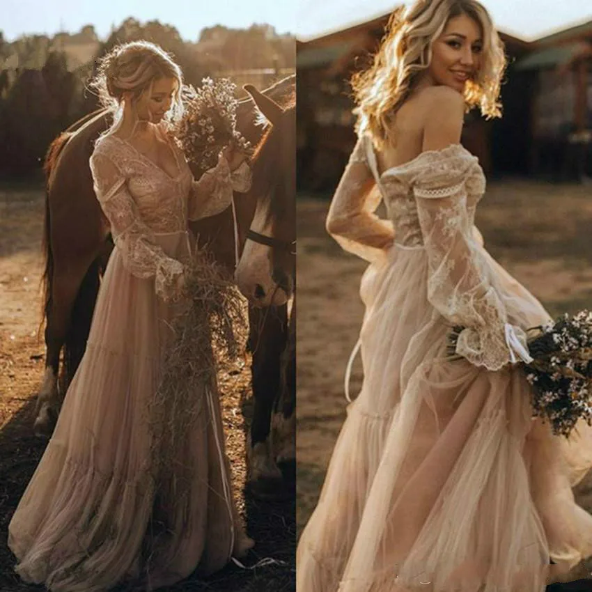 Prom Gowns Country Boho Champagne Wedding Dresses Sexy V Neck Long Sleeve Lace Bohemian Hippie Flowy Tulle Bride 2024