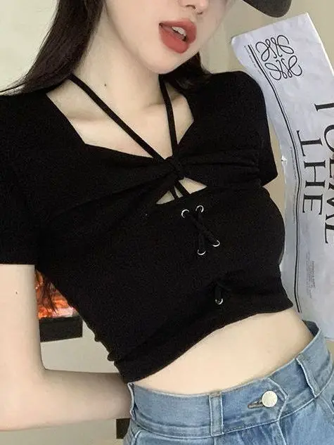 Black Spicy Girl Tie Neck Hanging Hollow out T-shirt Women's Summer New Slim Fit Sexy Pullover Ins Short sleeved Top EFIZ