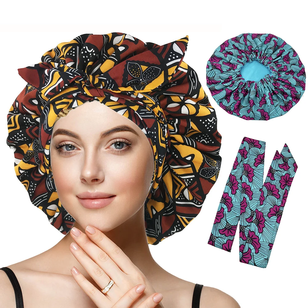 New African Ankara Pattern Satin Linned Bonnet Women Long Ribbon Headwrap Double Layer Headscarf Big Size Adult Hair Cover