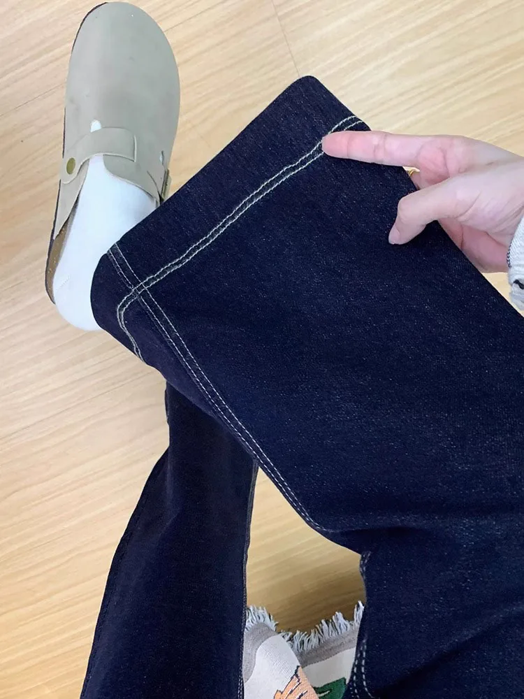 جينز نسائي فضفاض أزرق عميق بأرجل واسعة بنطلون مستقيم عالي الخصر مناسب لجسم الكمثرى مقاس كبير خريف جديد Sle #3