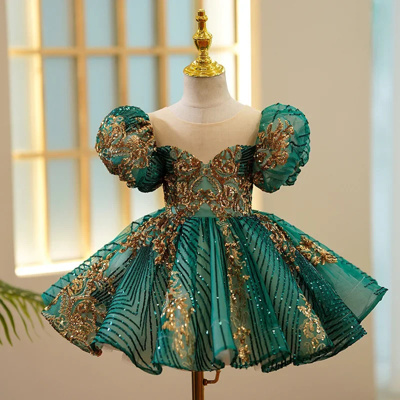 Kids Luxury Party Green Gold Dresses for Girls Size 3 To 14 Years Birthday Photo Shoot Gown Evening Formal Lace Dress Prom Frock