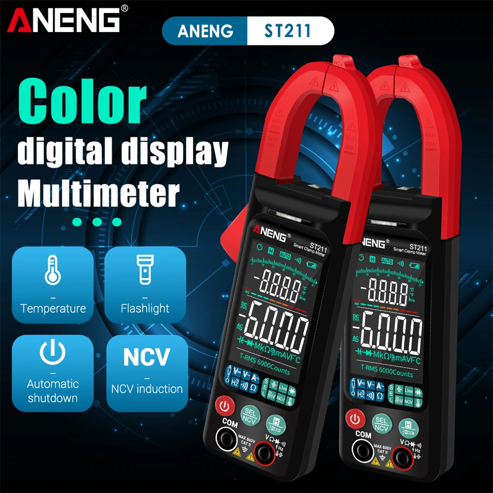 ANENG ST211 Digital Clamp Meter 6000 Counts Multimeter AC Voltage Current Tester Car Amp Hz Big Color Screen NCV Ohm Test