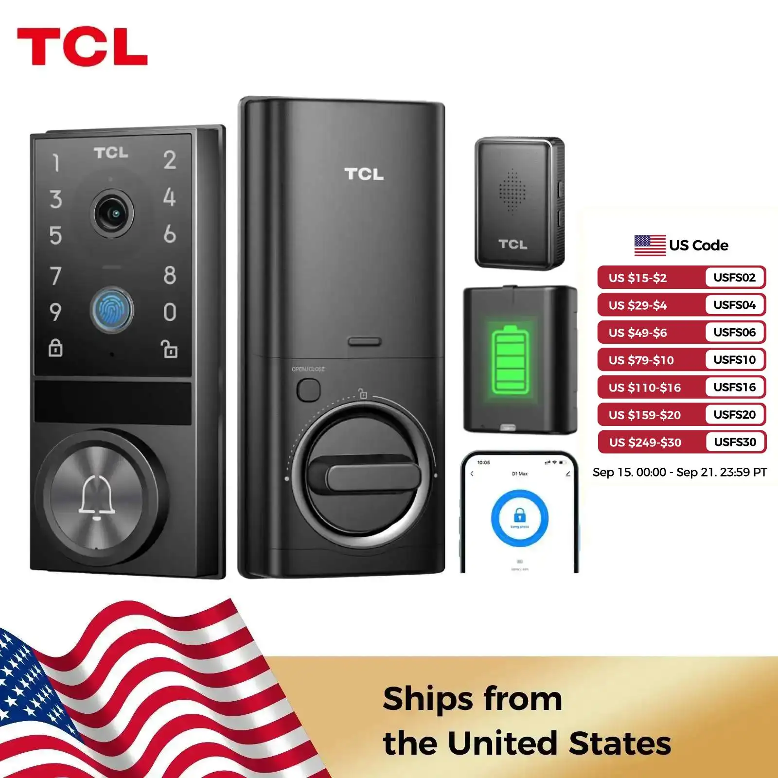 

TCL D1 Max Security Video Smart Lock 2K Камера Дверной звонок и отпечаток пальца Вход без ключа 3-в-1 WiFi Дверной замок PIR Обнаружение движения