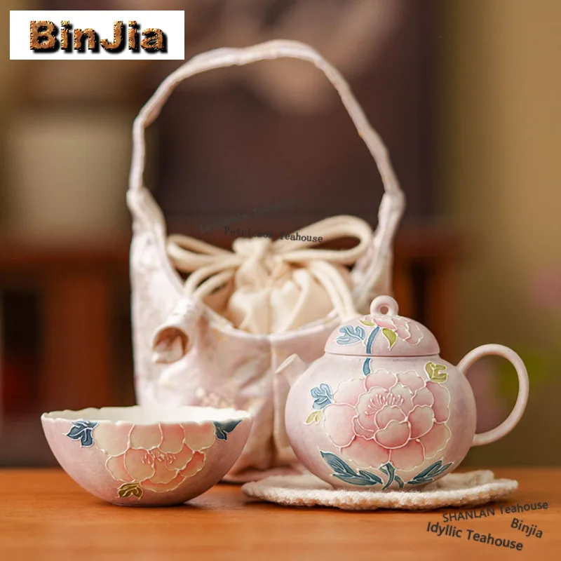 

Pile Painting Peony Butterfly Travel Tea Set Kit Retro 1 Pot 1 Cup Tea Making Organizer Portable Outdoor Tote Bag Accessories