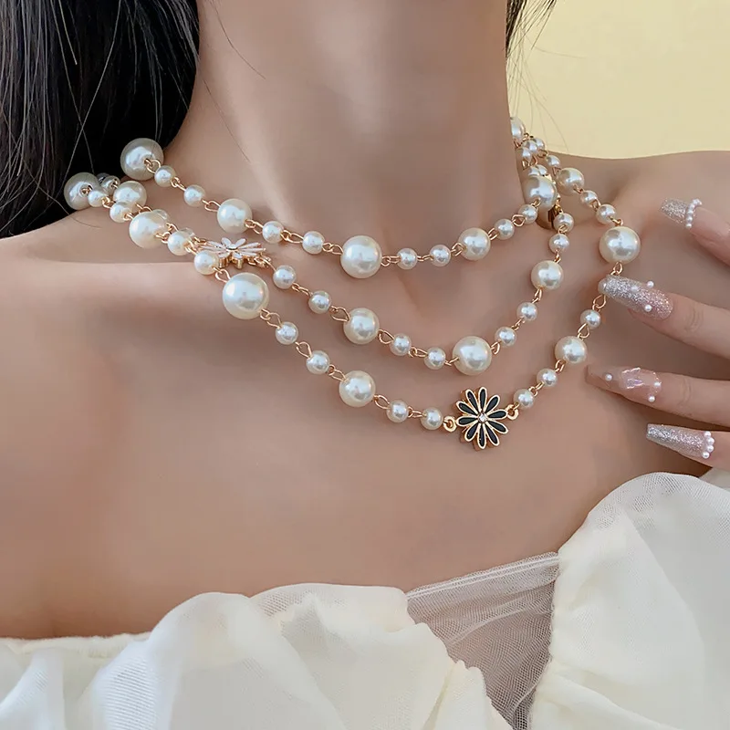 

Trendy Fasion Multi layered long Pearl flower necklaces for women's girl gift Jewelry Set wholesale