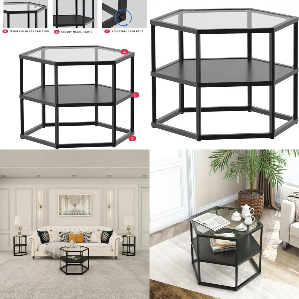 

Contemporary Black 2-Tier Coffee Table with Metal Frame for Living Room and Home Office