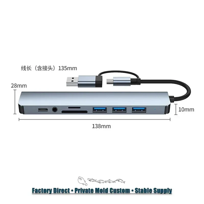 8 In 2 USB C Hub Expander Multiport Adapter Type C Splitter Dock USB 3 Port For Xiaomi Phone Tablet Fast Data Transfer Charging