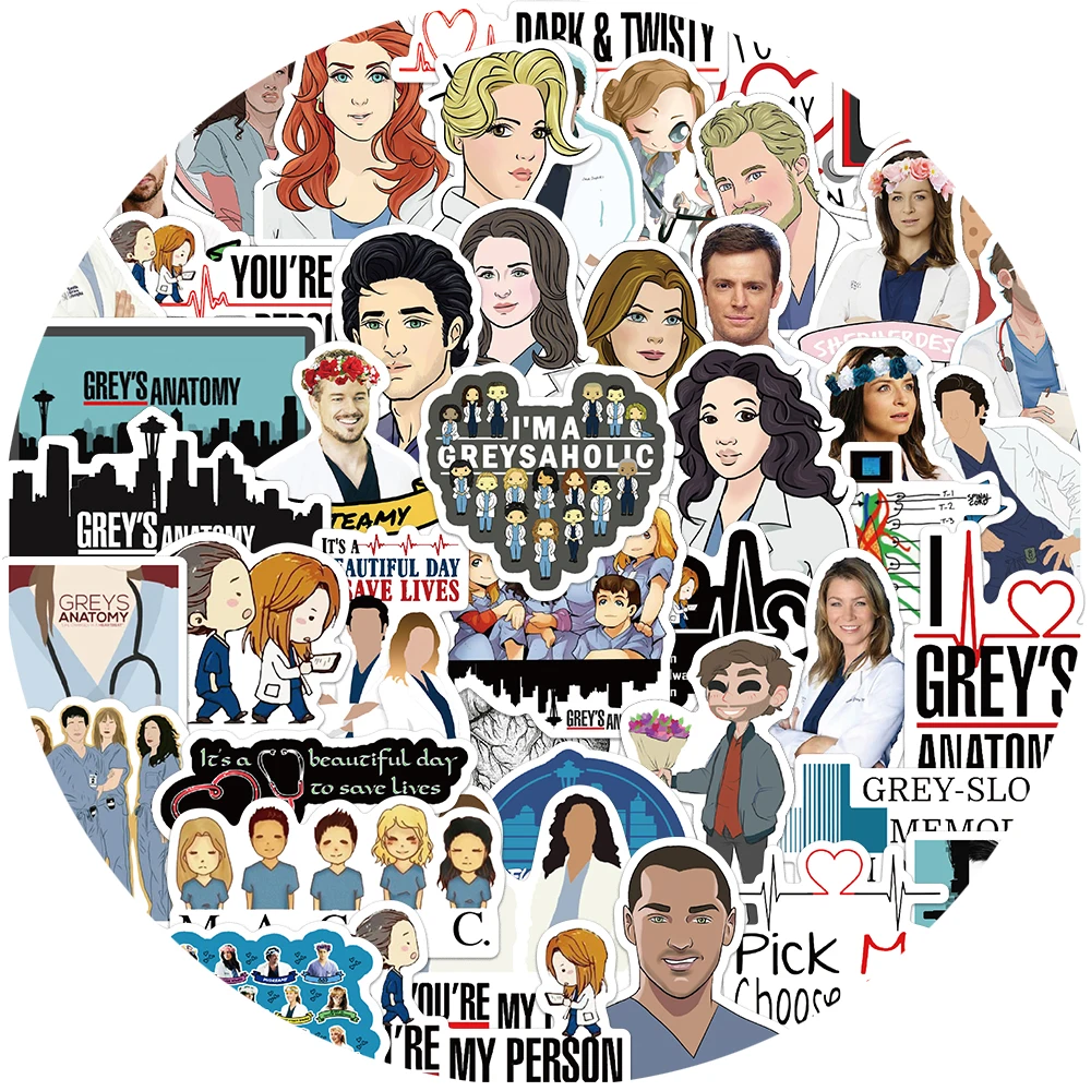 50PCS Classic TV Show Greys Anatomy Stickers Funny PVC Scrapbook For Luggage Laptop Phone Decals DIY Album Cute Doctors