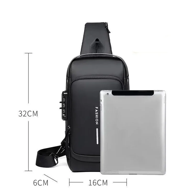 Bolso de hombro de viaje para hombres, bolsa de motocicleta con bloqueo de contraseña, bolsa de pecho deportiva impermeable, bolsa cruzada antirrobo para hombres, carga USB