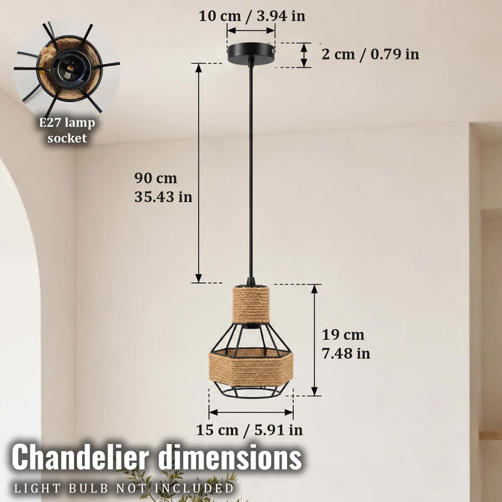 Pendant Light, Black Metal Geometric Cage, Jute Rope Woven, Diamond Hexagon, E27, Industrial, Dining Room Kitchen Island