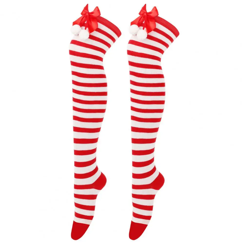 

Knee-high Socks Winter Christmas Socks with Bow Decor Striped Contrast Color Knee Length Leg Warmer for Fall Winter Stockings