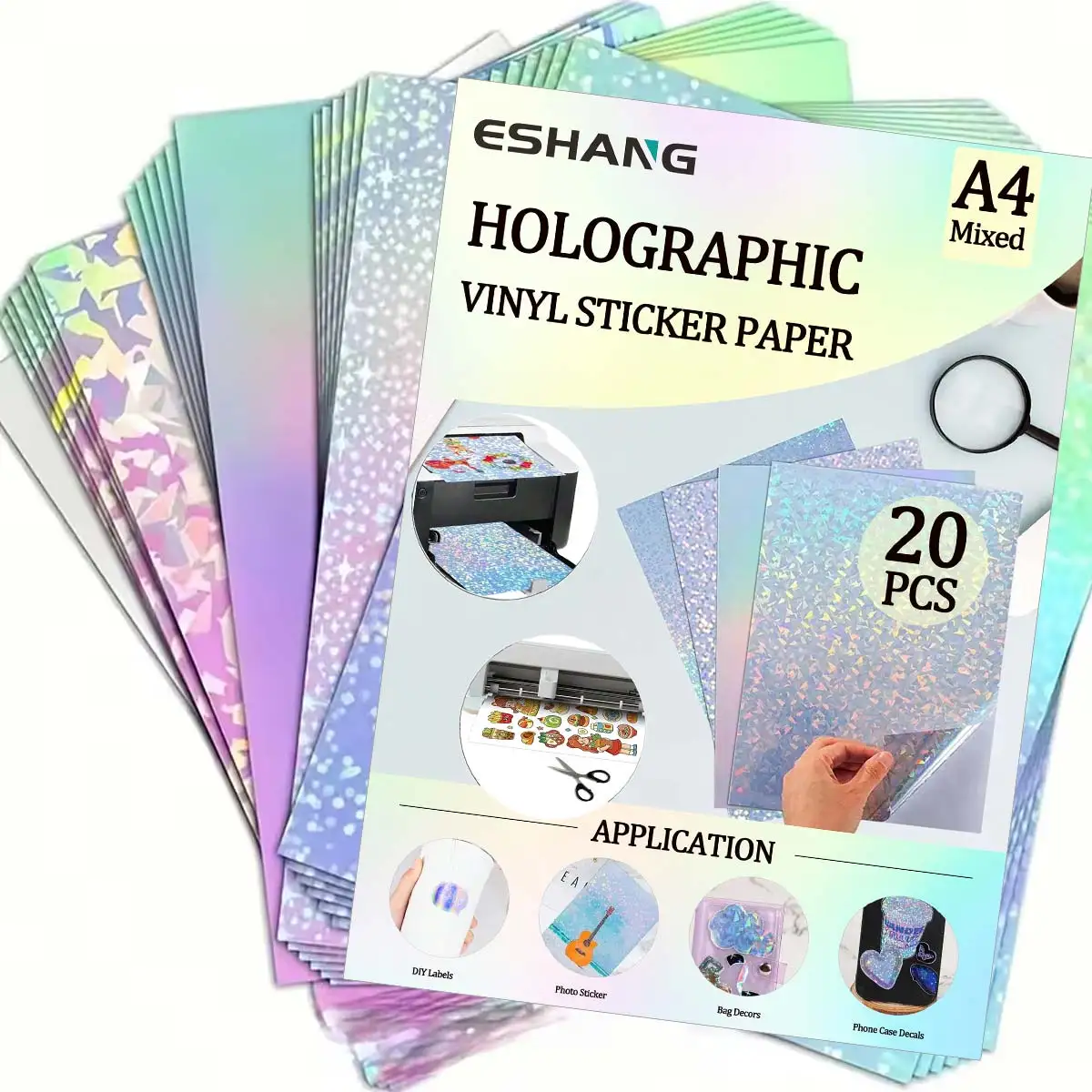 eshang-20-pecas-papel-adesivo-holografico-a4-4-estilos-pontos-arco-Iris-estrela-diamante-imprimivel-para-etiquetas-diy-decoracao-de-capas-de-celular-decalques