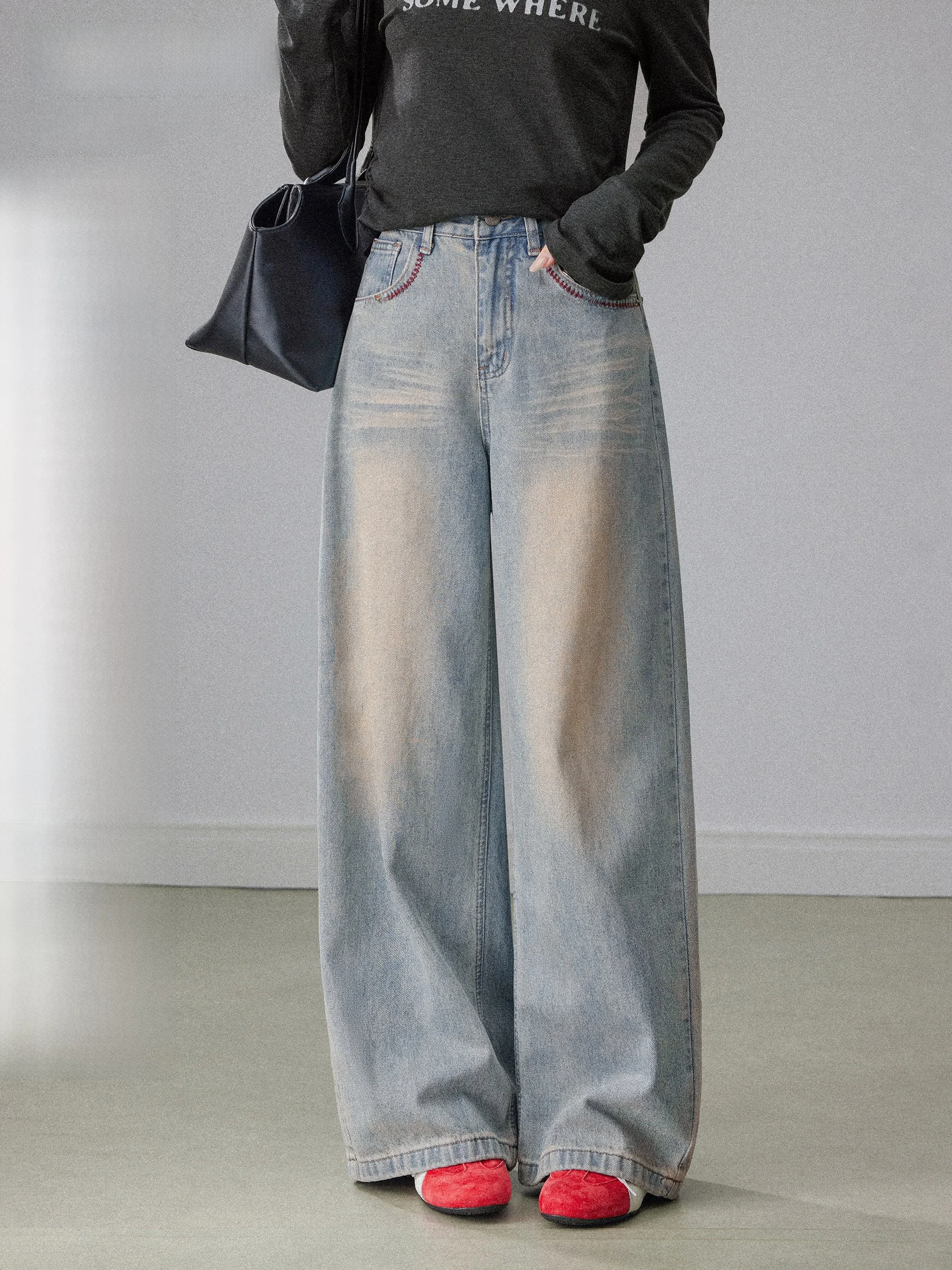 

High Waist Light Blue Waed Loose Women's Jeans Straight Leg Wide Leg Pants Spring Season Versatile Slimming Effect