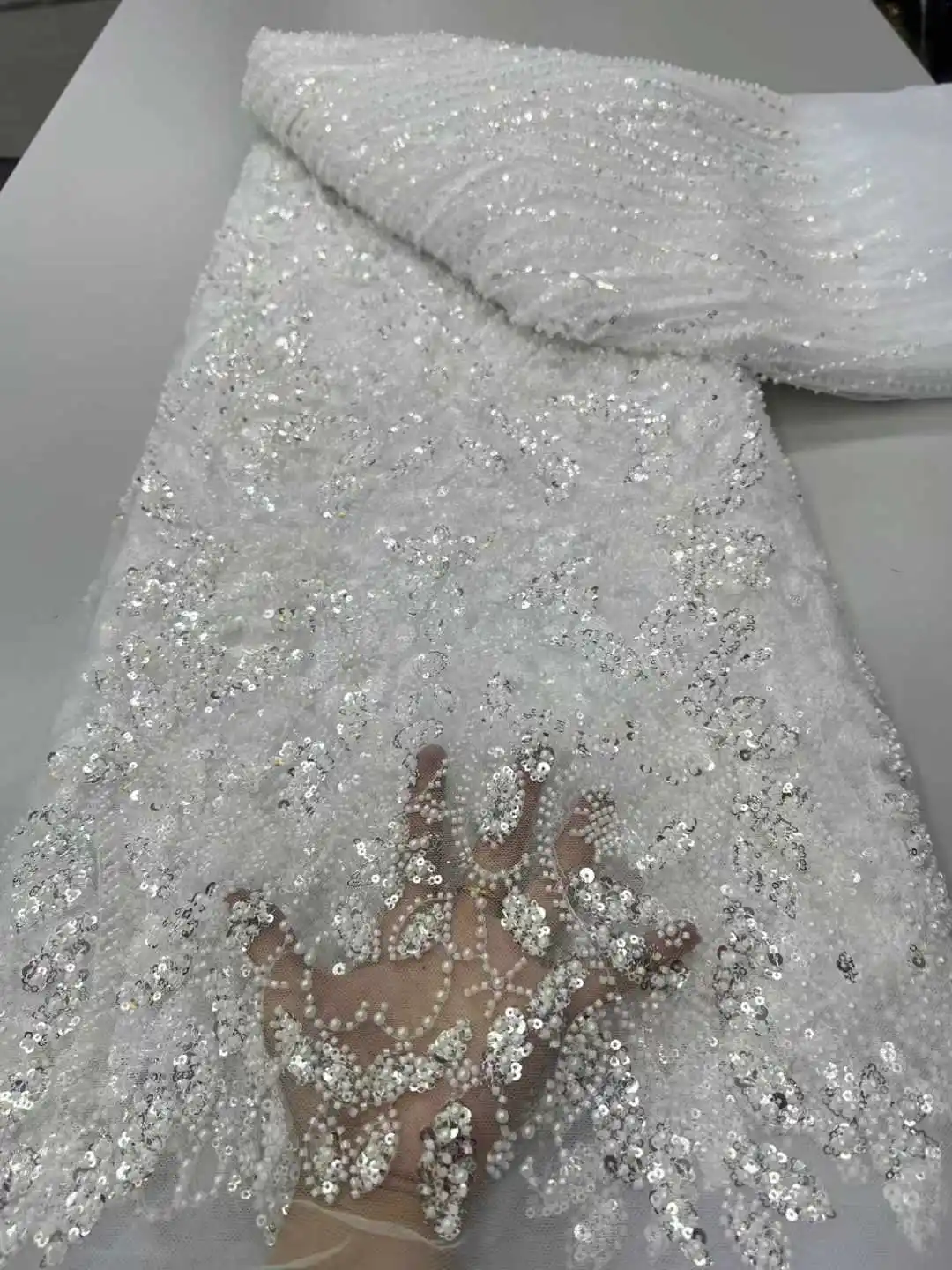 

Luxury African Lace Fabric 2025 High Quality Sequins Beads Lace Fabrics For Nigerian Wedding French Tulle Lace Fabric