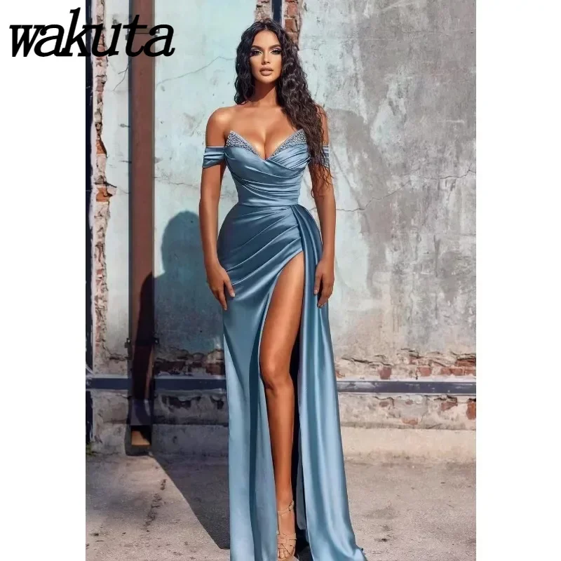 

Wakuta Off Shoulder Satin Prom Dress Sparkly Mermaid Rhinestone Formal Evening Gowns abiti eleganti donna da cerimonia with Slit