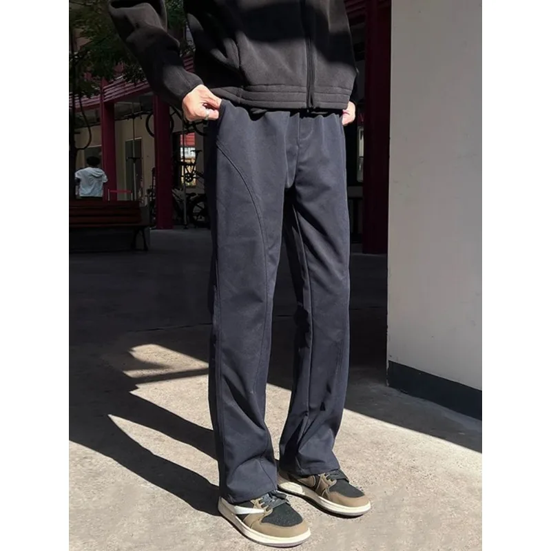 

Men Straight Leg Casual Pants Solid k Grey Waterproof Fabric Mid Waist Streetwear Trousers with Pockets