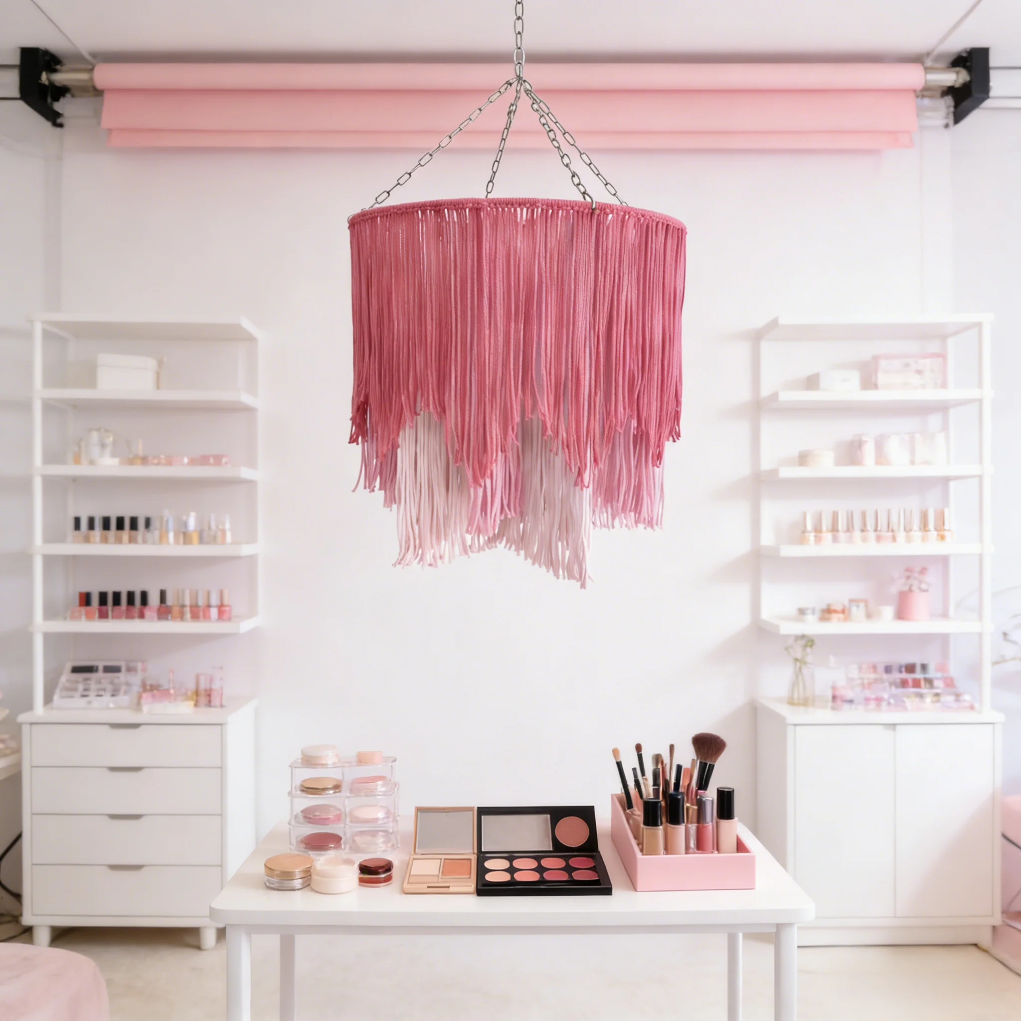 Modern Boho Chic Macrame Chandelier Pink Gradient Cotton Tassel Pendant Light 2-Tier Handwoven Lampshade for Aesthetic Home