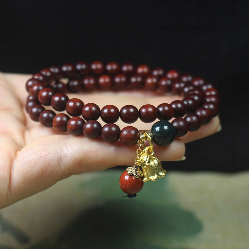 

Zambian Rosewood Blood Sandalwood 6mm Double-Loop Bracelet with Lily of the Valley Pendant, Forest Style Prayer Beads