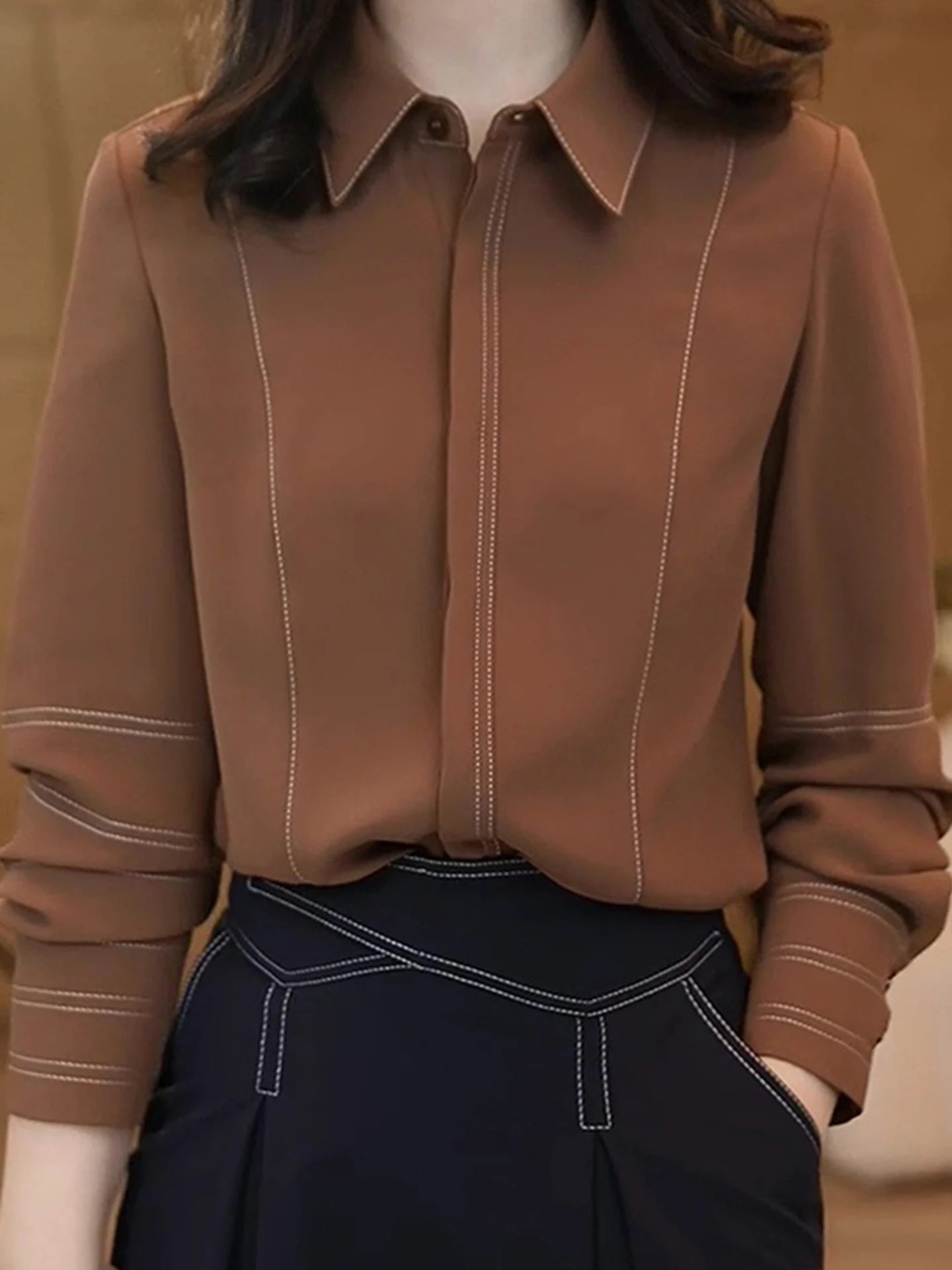 

Модная универсальная женская блузка в стиле ретро с длинным рукавом, элегантный корейский шелковый топ прямого кроя для осеннего сезона