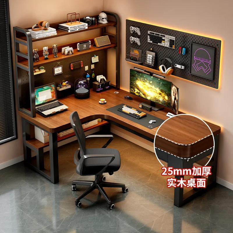 Solid wood corner computer desk bedroom home desktop desk bookshelf integrated double e-sports table