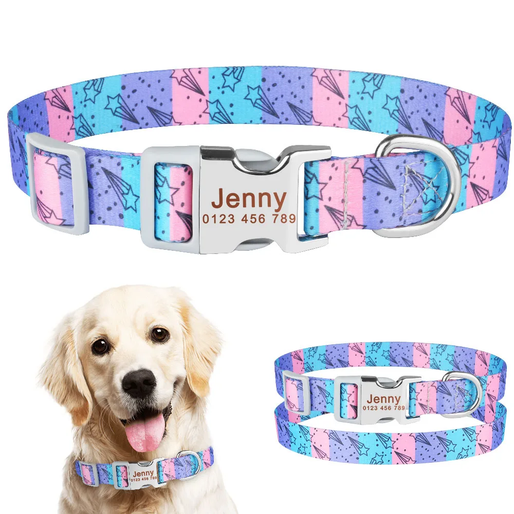 Engraved Nylon Dog Collar Custom Name Free Adjustable Nameplate Printed ID Tag Personalized Small Large Medium Pet Product