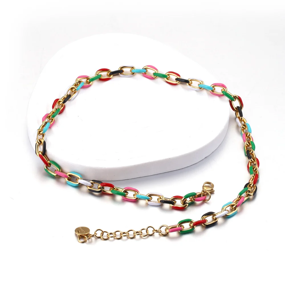 Multicolor Enamel Necklace Cuban Chain Bracelet for Men Women, Basic Punk Stainless Steel Curb Link Chain Chokers Morocco choker