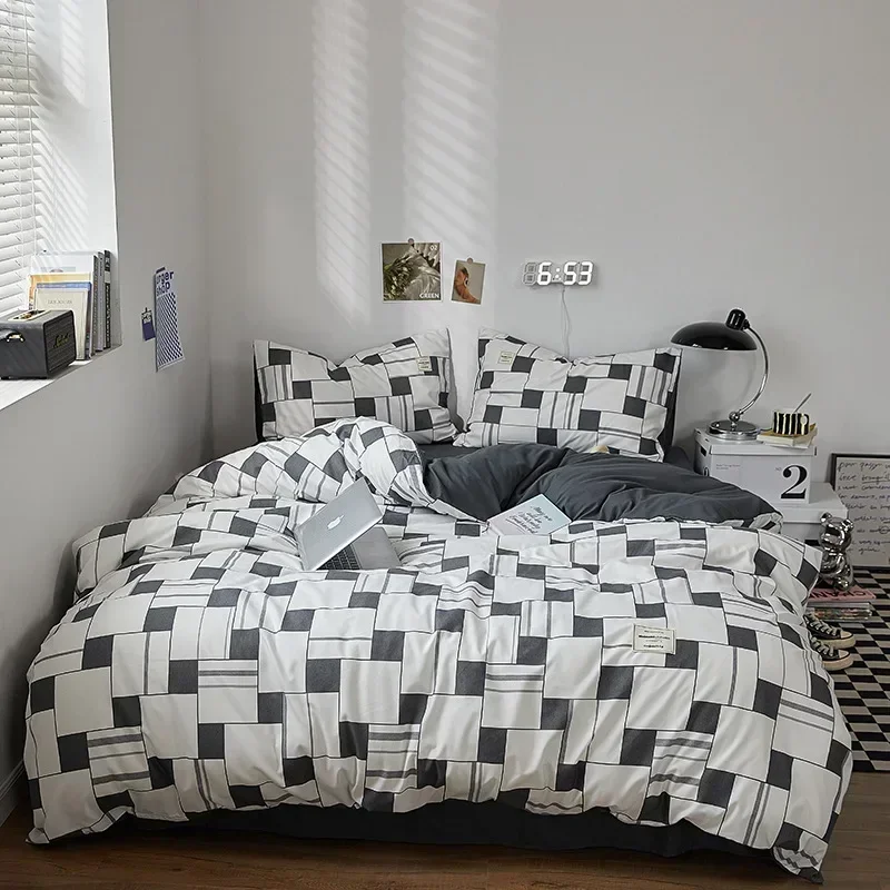 

Grid Plaid Duvet Cover Set Full, Soft 100% Washed Cotton Checkered Comforter Set,Black and White Comforter Cover Bedding Sets