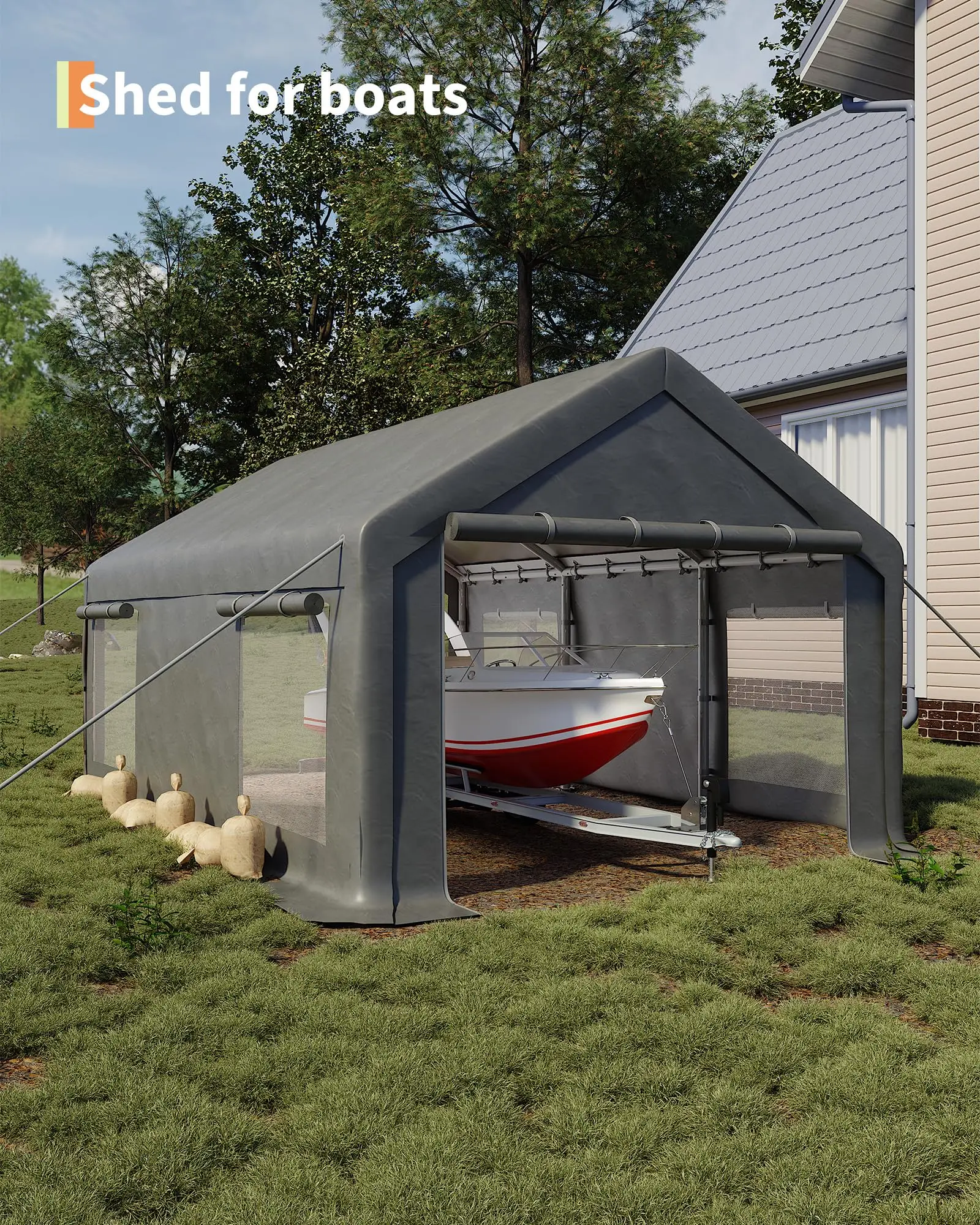 12x20 ft Portable Garage Carport, 200g PE Canopy with 2 Roll-Up Doors & 4 Windows, Multi Use Shelter for Pickups Boats Paint Booth Event view 5