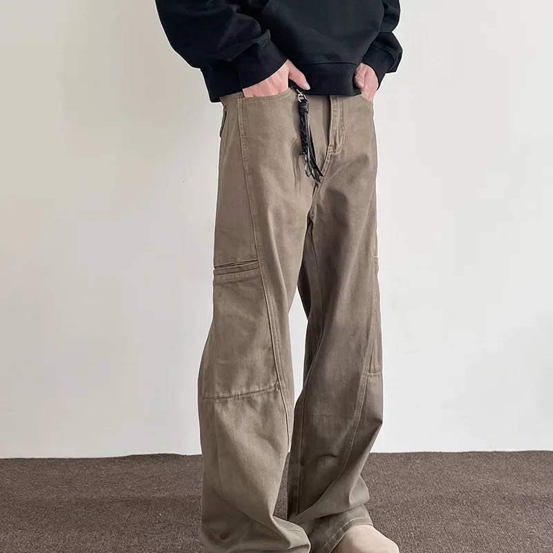 

Vintage Cargo Pants For Men Cleanfit Style Straight Trousers High Street Retro Maillard Brown Multiple Pockets Casual Pants