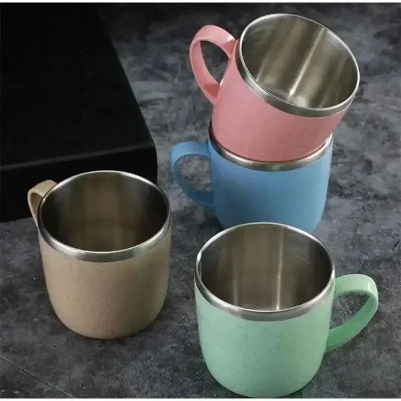 Stainless Steel Cups With Handle, Double Layer Anti-scalding Wheat Straw Small Water Cup, Office Coffee Milk Tea Drink Mugs