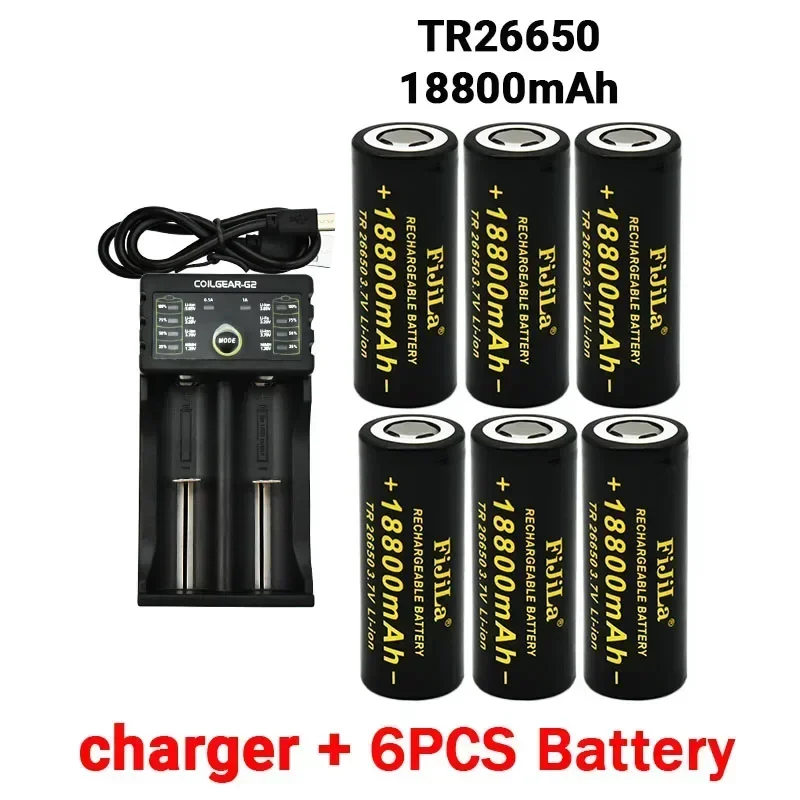 26650 3.7V 18800mAh Battery High Capacity 26650 50A Power Battery Lithium Ion Rechargeable Battery for Toy Flashlight+charger