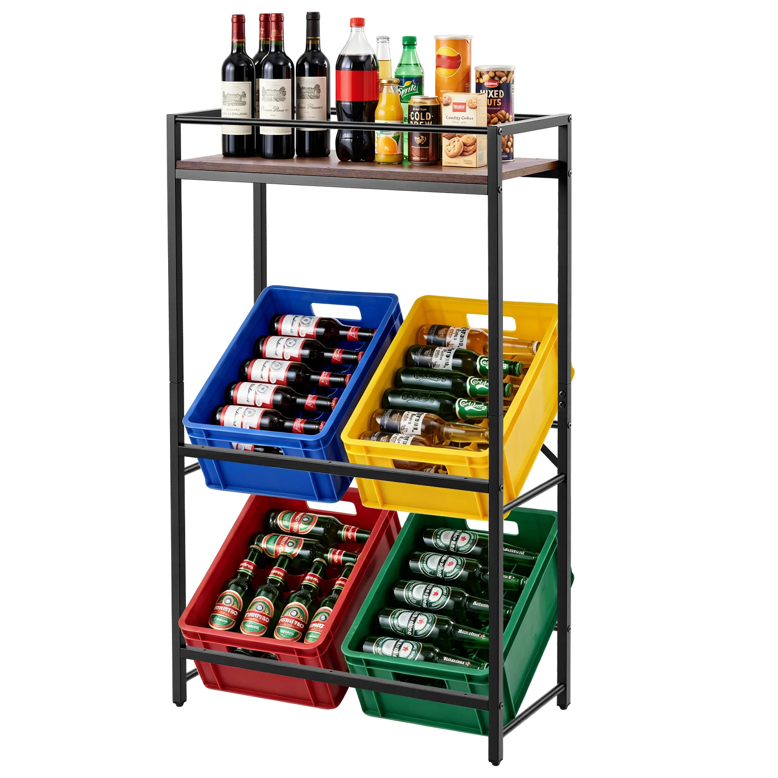 Getränkekistenregal für 4 Getränkekisten mit Ablage, Metallkistenregal mit 2 Ebenen für Bier, Obst, Gemüse, Wasser, Tragfähigkeit 300 kg