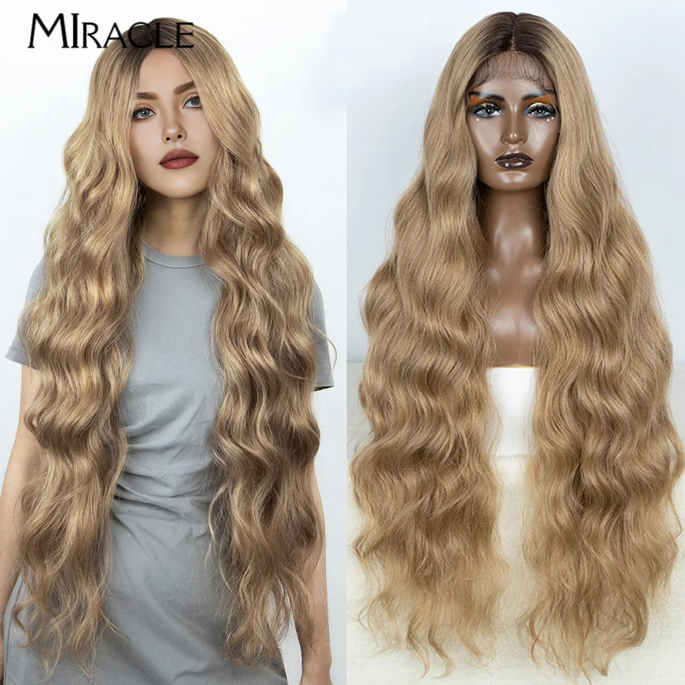 MIRACLE Synthetic 36Inch Omber Lace Front Wig For Woman Fiber Fake Hair Wig Wavy Soft Heat Resistan Cosplay Colorful Brown