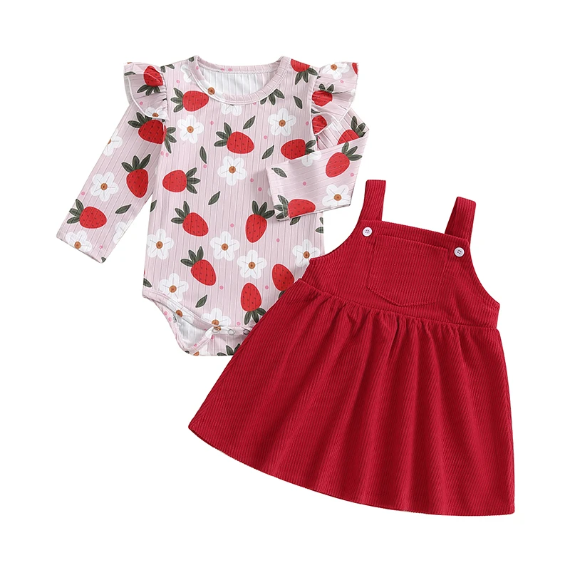 

2-Piece Baby Girls Set Floral Print Long Sleeve Ruffled Ribbed Romper Loose Overalls Skirt Headband Outfits