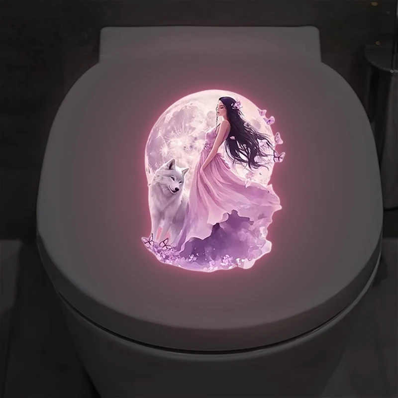 Glow-in-the-Dark Moonlight Fairy Wolf Toilet Sticker Toilet Lid Decoration Wall Decal Self-Adhesive Removable Luminous Decals