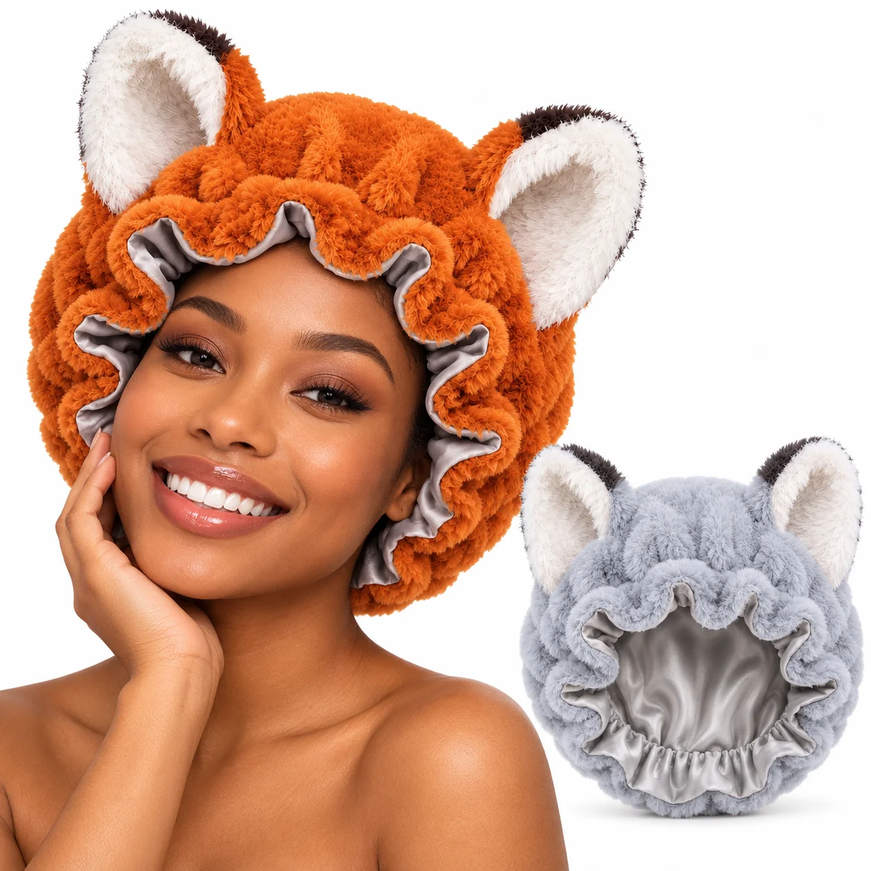 Fox Ear Plush Satin Lined Bonnet, Fluffy Sleep Hair Cap for Women Curly Hair Care