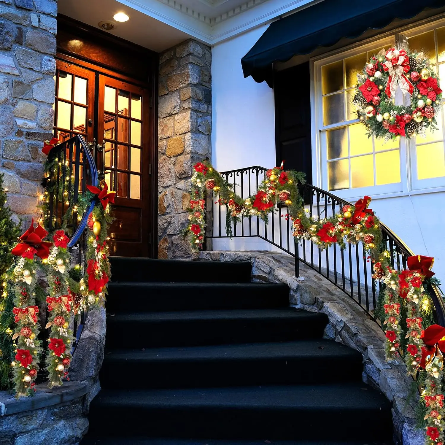 Garvee 9FT Christmas Decorations Artificial Christmas Garland in Red Gold & Silver Winter Wreath Holiday Greenery for Mantel Staircase Fireplace Indoor Outdoor Xmas Decor