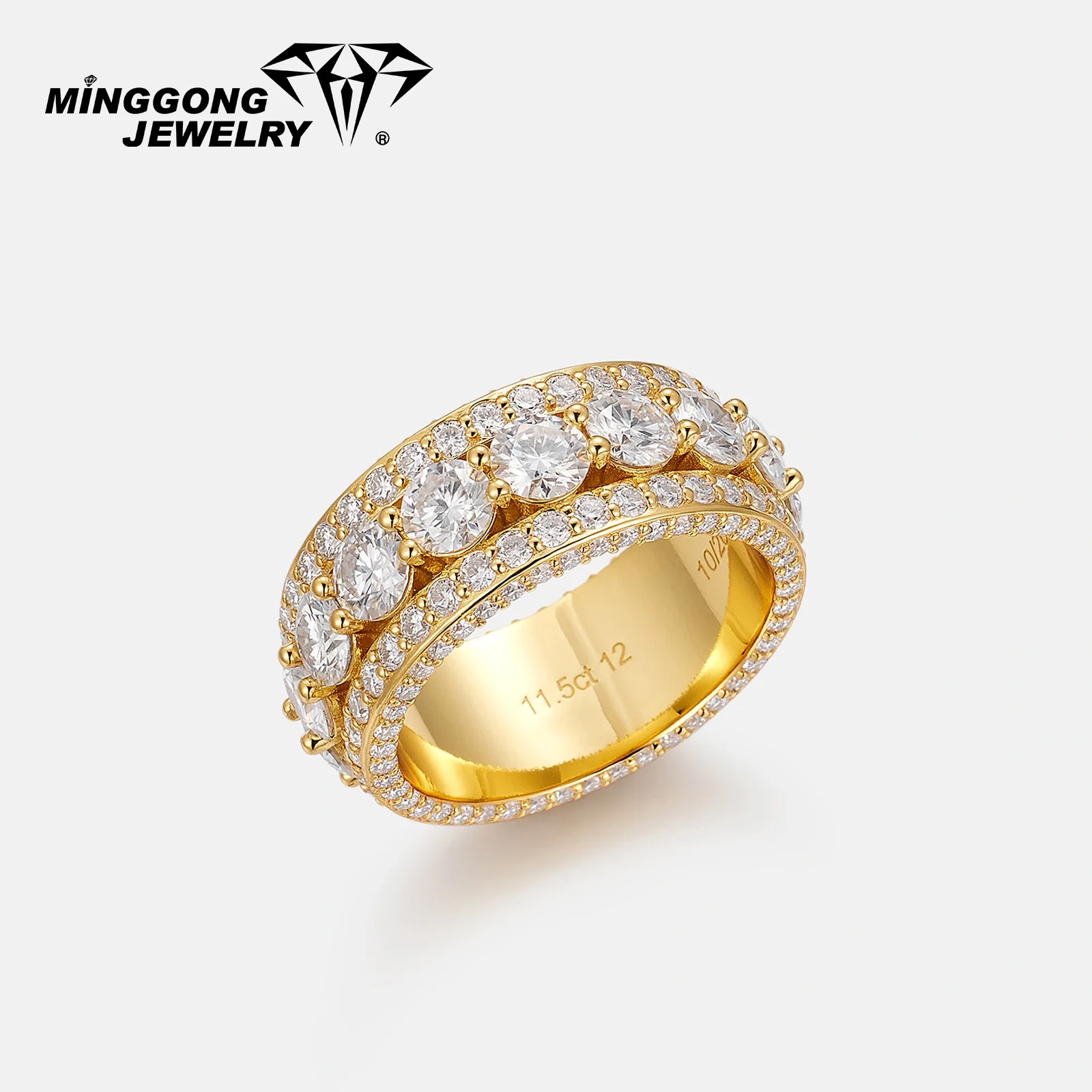 

Engagement Ring Custom S925 Silver & 10K/14K Solid Gold Ring with 5mm Multi-row Moissanite in the Middle Band Yellow Men's Ring