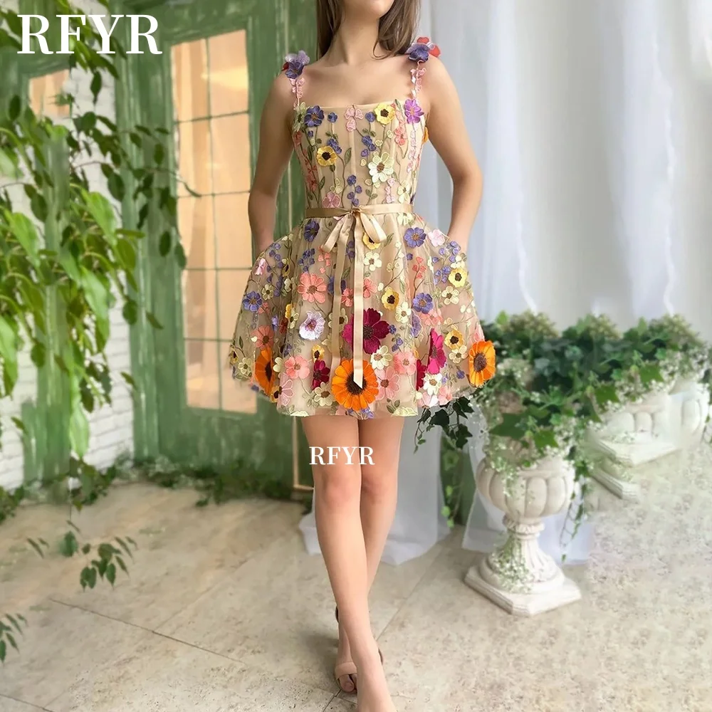 

RFYR Flowral Prom Dress Mini Party Dress Applique Princess Dress A Line Elegant Celebrity Gala Dress for Women Customized