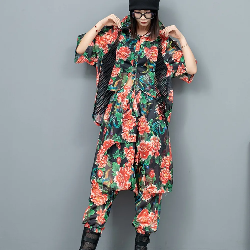 

Chinese Style Printed Lapel Short Sleeved Irregular Shirt + Large Crotch Pants Two-piece Set Women 2024 Spring Summer LX837