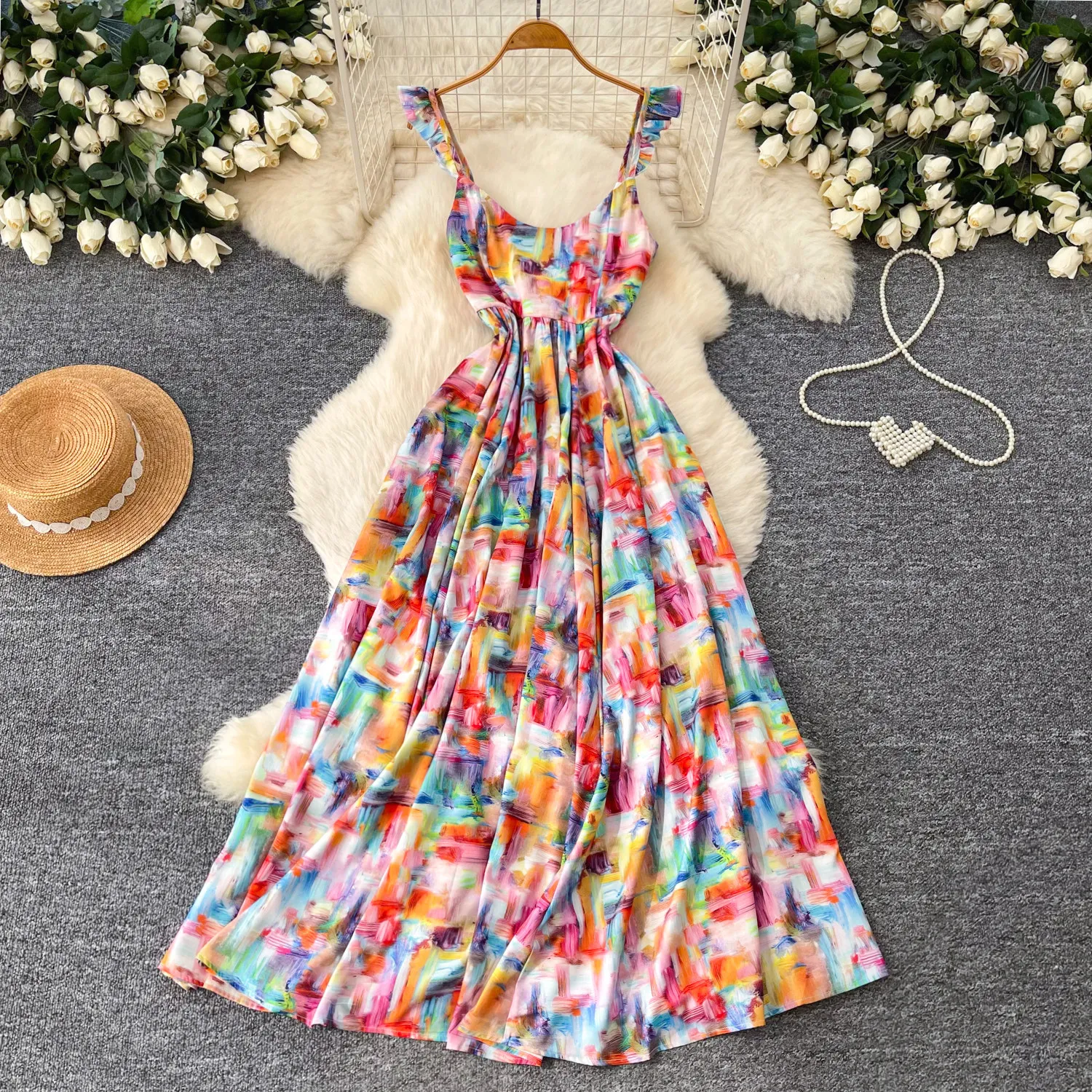 

Women Dresses Print Dress A Line Camisole Round Neck Sleeveless Ankle Length Empire Cinched Waist Loose Fit Casual 2026 Spring
